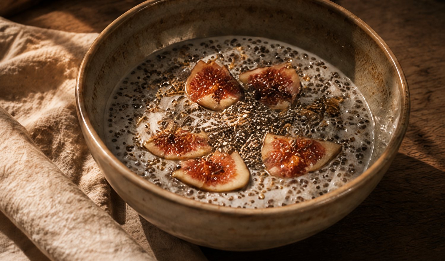 Chia-Pudding mit Feigen in einer Keramikschale