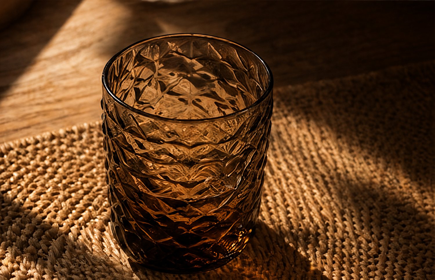 Strukturiertes Glas auf einem geflochtenen Untersetzer