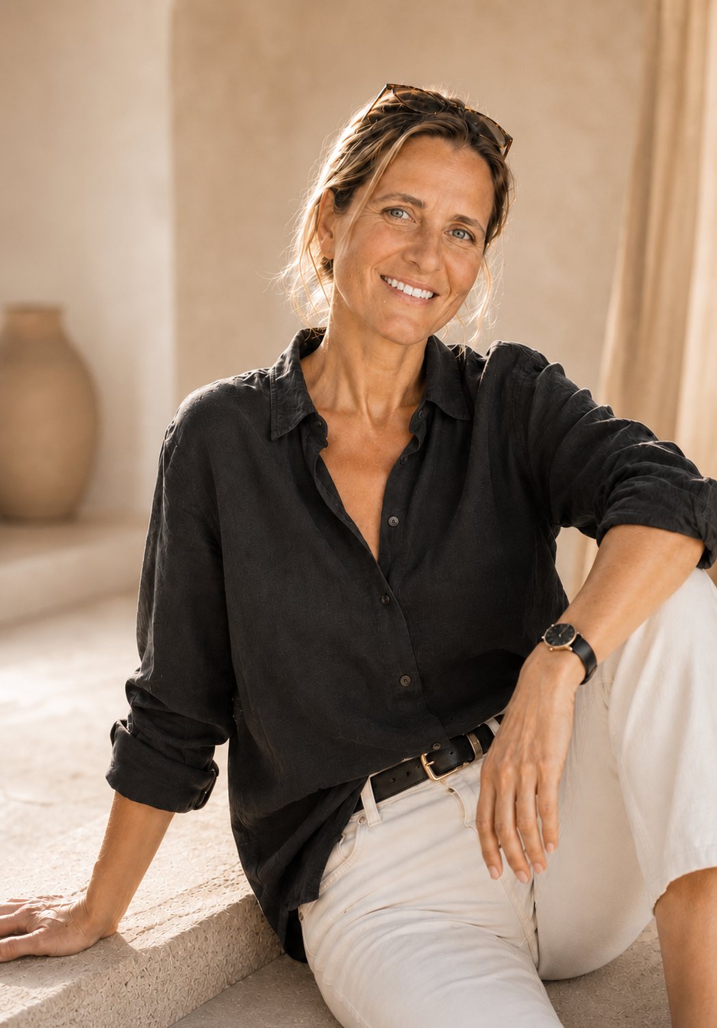 Heidi sitzt lächelnd vor einer sandfarbenen Wand